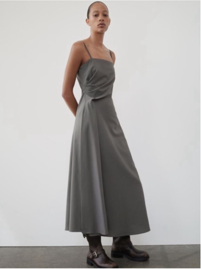Zara Zw Collection Wool Blend Midi Dress Gray Draped Slip Dress Spaghetti Strap